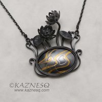 (C) KAZNESQ: Art Nouveau Lotus flowers oxidized silver pendant necklace