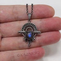 (C)KAZNESQ:Blue labradorite cab oxidized silver Goth look arch pendant necklace
