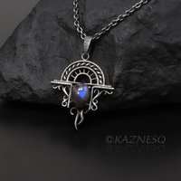 (C)KAZNESQ:Blue labradorite cab oxidized silver Goth look arch pendant necklace