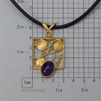 (C) KAZNESQ: Leaf motif amethyst gold tone silver square pendant necklace