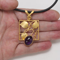 (C) KAZNESQ: Leaf motif amethyst gold tone silver square pendant necklace