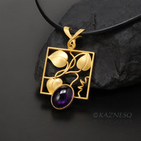 (C) KAZNESQ: Leaf motif amethyst gold tone silver square pendant necklace