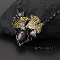 (C) KAZNESQ: Art Nouveau ginkgo necklace with brown moonstone and gold leaf