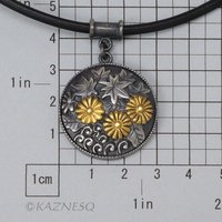 (C)KAZNESQ: Autumn leaf circle Keum Boo oxidized silver pendant necklace