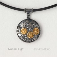 (C)KAZNESQ: Autumn leaf circle Keum Boo oxidized silver pendant necklace