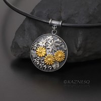 (C)KAZNESQ: Autumn leaf circle Keum Boo oxidized silver pendant necklace