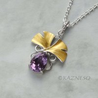 (C) KAZNESQ: Ginkgo leaf silver necklace with amethyst and Gold Keum Boo