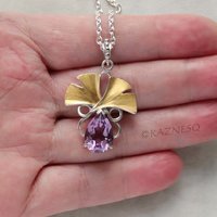 (C) KAZNESQ: Ginkgo leaf silver necklace with amethyst and Gold Keum Boo