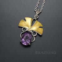 (C) KAZNESQ: Ginkgo leaf silver necklace with amethyst and Gold Keum Boo