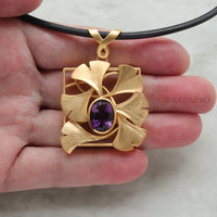 (C) KAZNESQ: Ginkgo gold tone silver square necklace with amethyst