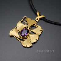 (C) KAZNESQ: Ginkgo gold tone silver square necklace with amethyst