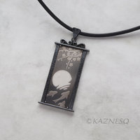 (C) KAZNESQ: apanese art Keum Boo silver pendant necklace of Koi pond, the moon,