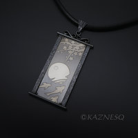 (C) KAZNESQ: apanese art Keum Boo silver pendant necklace of Koi pond, the moon,
