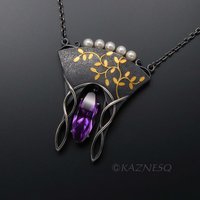 (C) KAZNESQ: Art Nouveau style gold Japanese bush clover silver necklace
