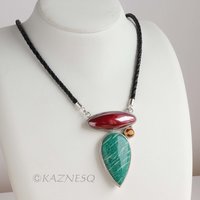 SALE: Russian Amazonite and Japanese patinaed red copper silver pendant necklace, color pendant