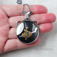 (C) KAZNESQ: Keum Boo oxidized copper round pendant of the moon and blossoms