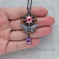 (C) KAZNESQ: Keum Boo and red copper Art Deco oxidized silver butterfly necklace