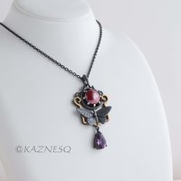 (C) KAZNESQ: Keum Boo and red copper Art Deco oxidized silver butterfly necklace