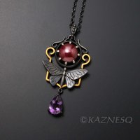 (C) KAZNESQ: Keum Boo and red copper Art Deco oxidized silver butterfly necklace