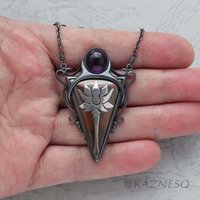 (C) KAZNESQ: Lotus Keum Boo triangle amethyst oxidized silver and copper pendant