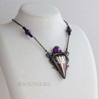 (C) KAZNESQ: Lotus Keum Boo triangle amethyst oxidized silver and copper pendant