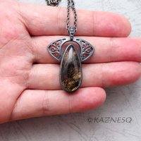 (C)KAZNESQ: Black tourmaline quartz lined with gold oxidized silver necklace