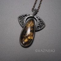 (C)KAZNESQ: Black tourmaline quartz lined with gold oxidized silver necklace