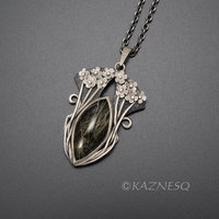 (C) KAZNESQ: Rutilated quartz lined with onyx, Art Nouveau style necklace