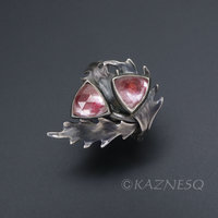 (C) KAZNESQ: Rose cut trillion quartz thistle motif oxidized silver ring