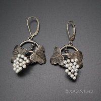 SOLD: Grape leaves and fruits oxidized silver earrings with Lever-Back Ear Wires