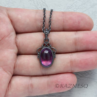 SOLD: Art Nouveau style amethyst cab oxidized silver pendant necklace with gold lining