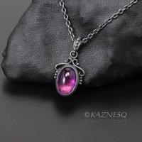 SOLD: Art Nouveau style amethyst cab oxidized silver pendant necklace with gold lining