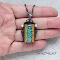 (C) KAZNESQ Green Lace Agate building facade Keum Boo oxidized silver pendant ne