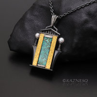 (C) KAZNESQ Green Lace Agate building facade Keum Boo oxidized silver pendant ne