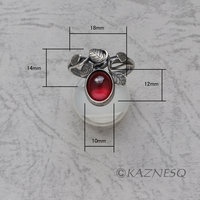 SOLD: Oval garnet cab lined with mother of pearl Art Nouveau style leaf ring of oxidized silver