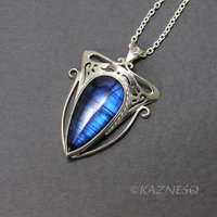(C) KAZNESQ: Blue labradorite Art Nouveau style silver pendant necklace.