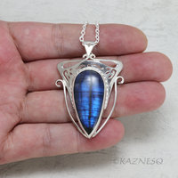 (C) KAZNESQ: Blue labradorite Art Nouveau style silver pendant necklace.