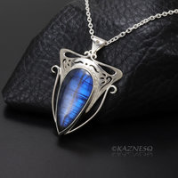 (C) KAZNESQ: Blue labradorite Art Nouveau style silver pendant necklace.