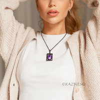 (C) KAZNESQ: Amethyst Mother of pearl oxidized silver rectangle pendant necklace