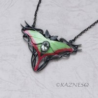 (C) KAZNESQ: Moon Moth colored silver pendant necklace with green quartz.