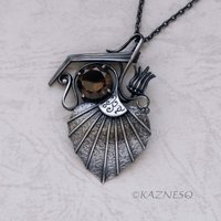 (C) KAZNESQ: Goth style Leaf and Bud motif Smoky Quartz Oxidized Silver Pendant