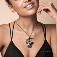 (C) KAZNESQ: Goth style Ginkgo motif Mali Garnet Oxidized Silver Pendant Necklac