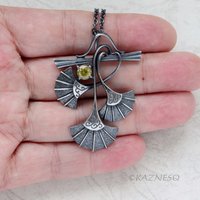 (C) KAZNESQ: Goth style Ginkgo motif Mali Garnet Oxidized Silver Pendant Necklac