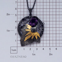 (C) KAZNESQ: Leaf motif Oxidized silver pendant necklace with an High Crown Cut