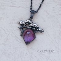 (C) KAZNESQ: Pine Tree Bonsai motif amethyst and MOP Oxidized Silver Pendant Nec