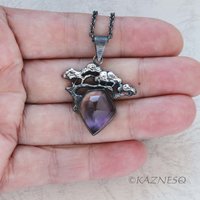 (C) KAZNESQ: Pine Tree Bonsai motif amethyst and MOP Oxidized Silver Pendant Nec