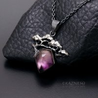(C) KAZNESQ: Pine Tree Bonsai motif amethyst and MOP Oxidized Silver Pendant Nec