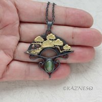(C) KAZNESQ: Fan shape Pine Tree motif oxidized silver pendant necklace featurin