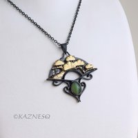 (C) KAZNESQ: Fan shape Pine Tree motif oxidized silver pendant necklace featurin