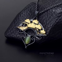 (C) KAZNESQ: Fan shape Pine Tree motif oxidized silver pendant necklace featurin